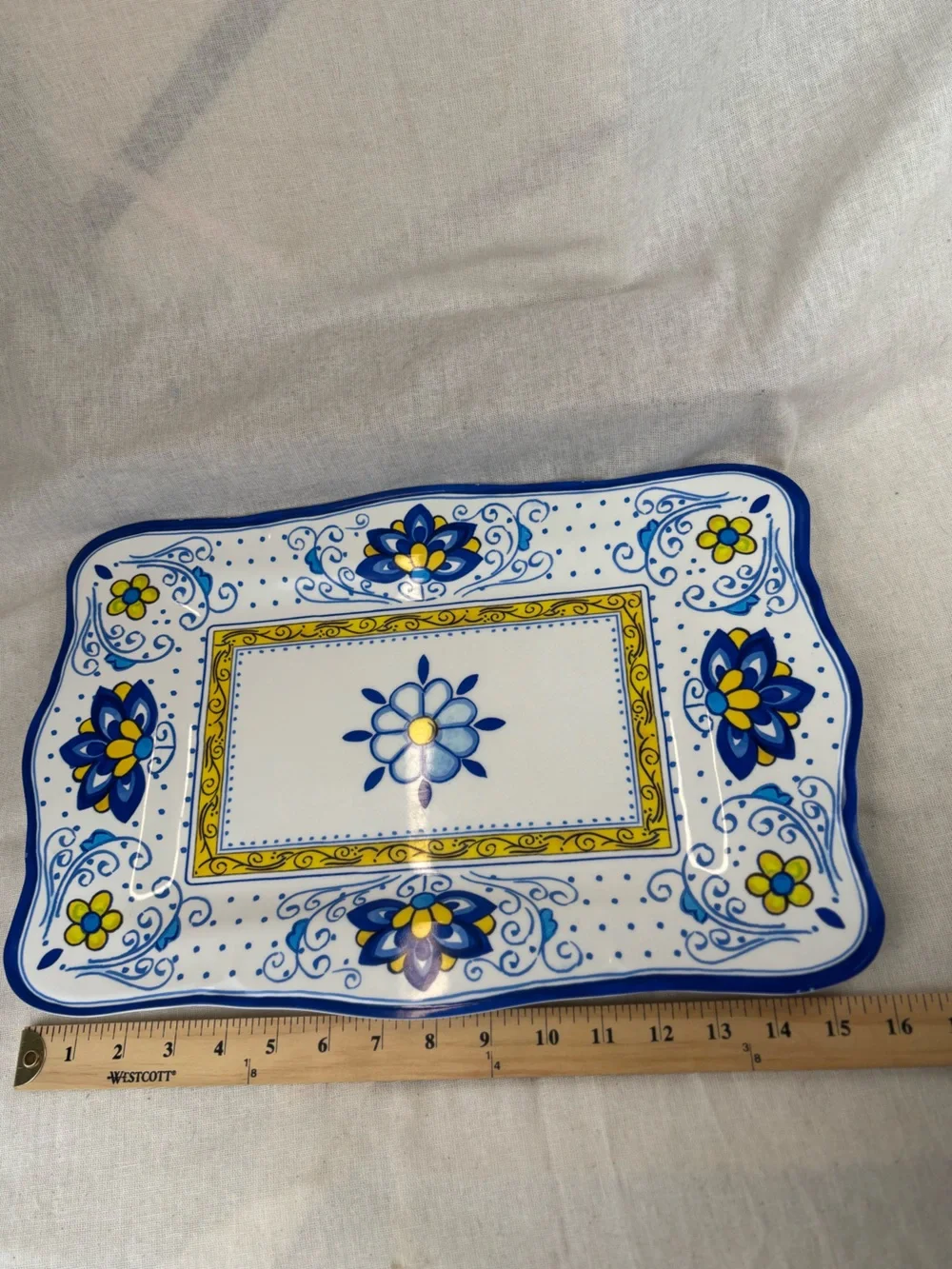 Le Cadeaux Melamine Serving Platter 16” Blue Yellow Floral Rectangular Tray